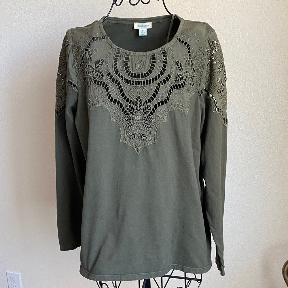 Sundance Olive Green Eyelet Lace Yoke Long Sleeve Top